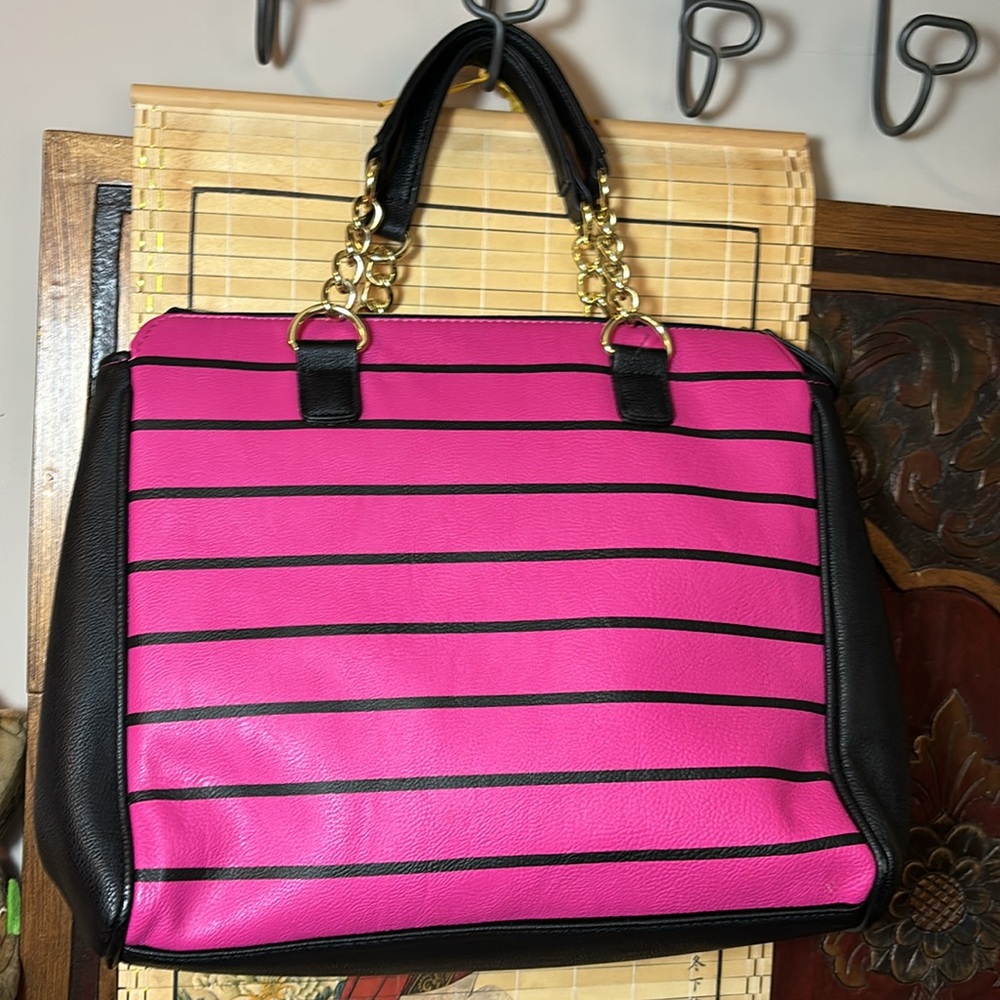 Betsey Johnson Studs and Flowers Black Hot Pink Striped Bag 11.5”Wx10”Hx5.75”D - Picture 3 of 17